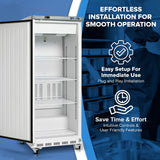Commercial 25 cu. ft. reach-in refrigerator with open door showing four wire shelves. Text reads, “Effortless Installation for Smooth Operation,” plus icons: “Easy Setup For Immediate Use, Plug and Play Installation, Intuitive Controls & User Friendly Features.”.