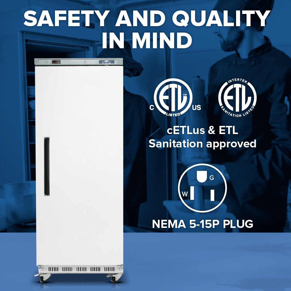 A commercial reach-in refrigerator stands on a blue floor with a large black handle and ventilation grill. White text above reads “Safety and Quality in Mind.” Various certification logos and a NEMA 5-15P plug icon are displayed next to the fridge.