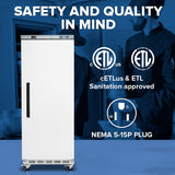 A commercial reach-in refrigerator stands on a blue floor with a large black handle and ventilation grill. White text above reads “Safety and Quality in Mind.” Various certification logos and a NEMA 5-15P plug icon are displayed next to the fridge.