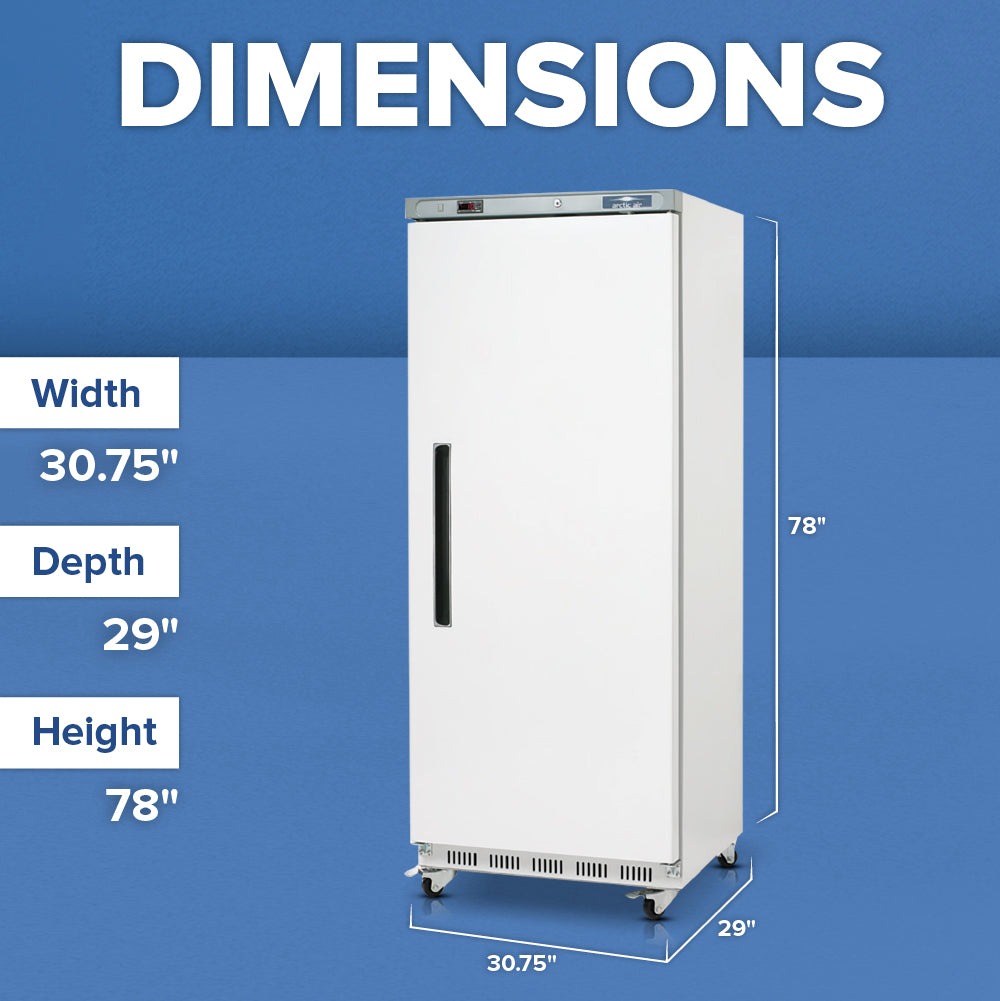 A tall, white reach-in refrigerator stands on caster wheels against a blue background. Dimensions are labeled: height 78 inches, width 30.75 inches, and depth 29 inches. DIMENSIONS is written in large white text above the fridge.