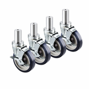 Four identical 5 inch casters with black rubber tires and silver metallic housings, each featuring a mounting stem at the top, are arranged in a row on a plain white background.