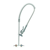 A commercial T&S Brass pre-rinse unit with a flexible, high-arched spring neck, grey spray valve handle, and dual lever controls for hot and cold water at the base, marked with red and blue indicators. The faucet is made of shiny metal.