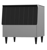A commercial ice bin with a stainless steel body, black slanted top door, and four sturdy black legs, designed for industrial or restaurant use. This 250 lb ice storage bin features a clean, modern look with durable, functional construction.