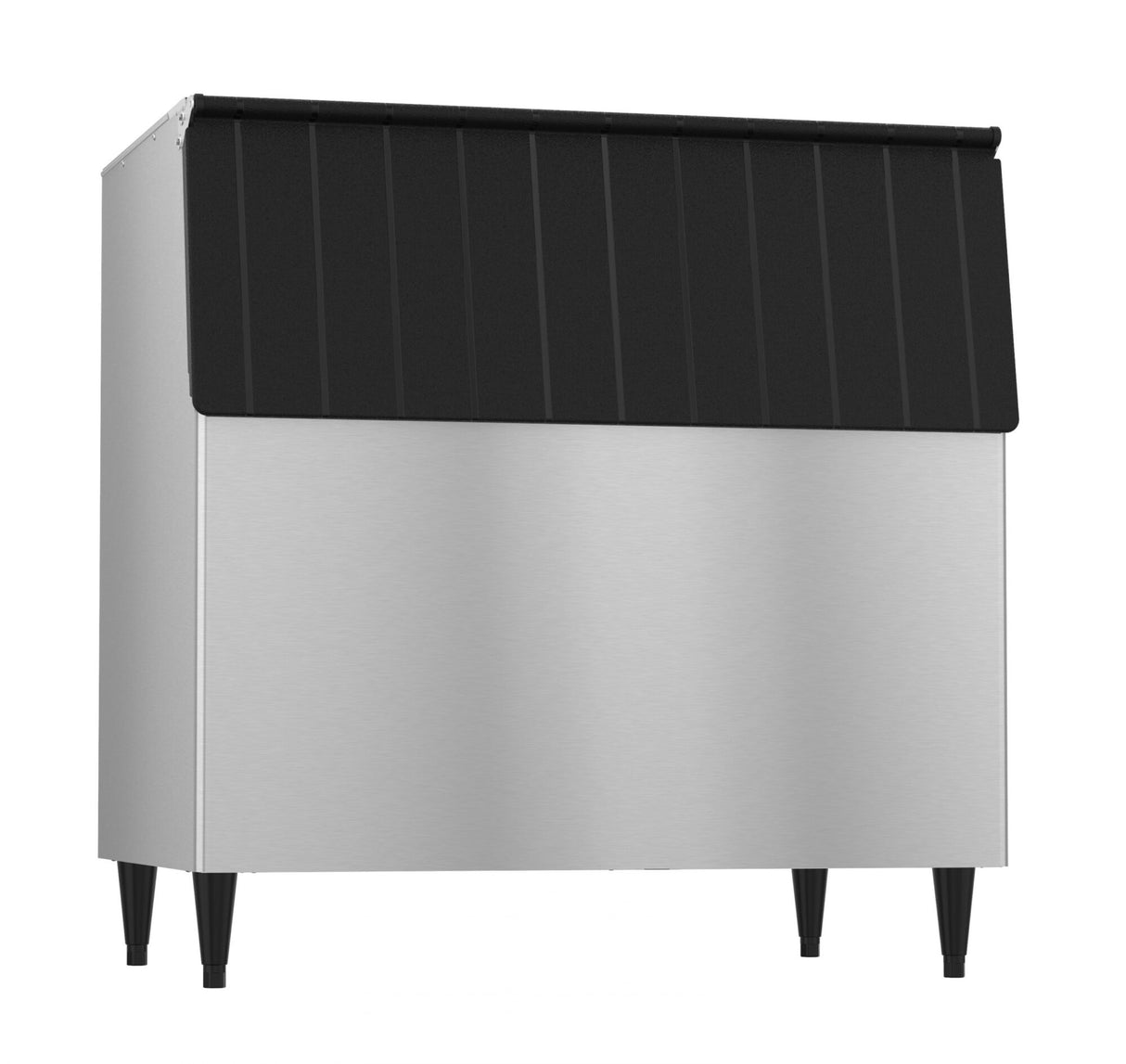 A Hoshizaki ice bin with a stainless steel body, four black legs, and a large, black slanted lid on top for accessing stored ice. This 700-lb ice storage unit features a clean, industrial design perfect for restaurants or food service settings.
