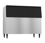 A commercial Hoshizaki ice bin with a stainless steel body, four black legs, and a black slanted lid. Its rectangular, utilitarian design offers efficient 900-lb ice storage—ideal for restaurants or bars storing and dispensing ice.