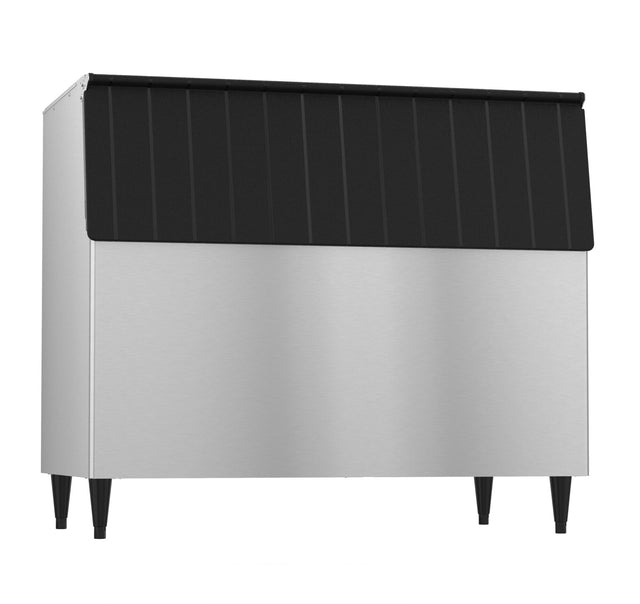 A commercial Hoshizaki ice bin with a stainless steel body, four black legs, and a black slanted lid. Its rectangular, utilitarian design offers efficient 900-lb ice storage—ideal for restaurants or bars storing and dispensing ice.