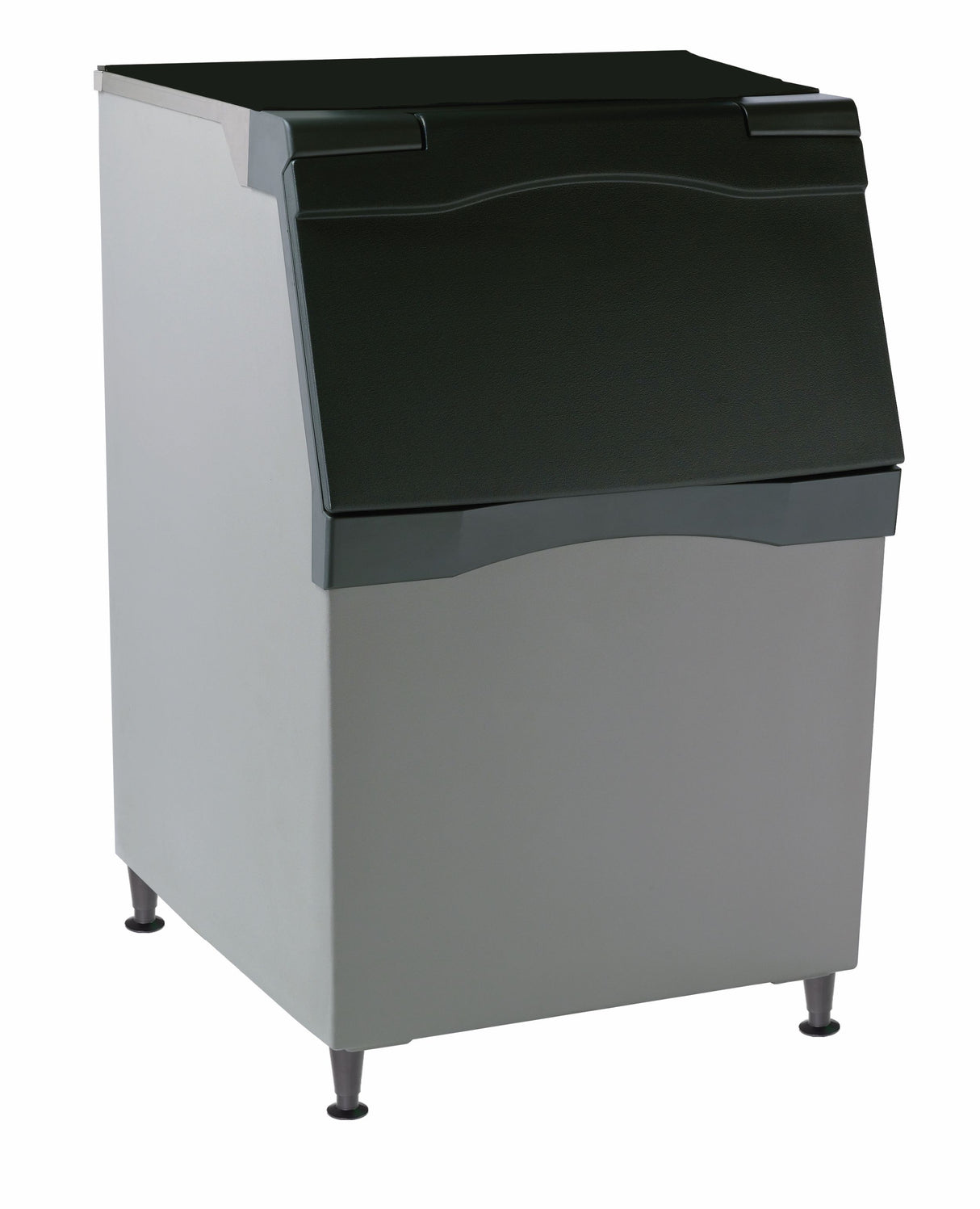 A sleek Ice bin with a stainless steel body, black plastic lid, and four adjustable legs. Featuring a front-opening hatch for easy access, it boasts a 536 lb capacity and pairs perfectly with a top-mounted ice maker for efficient operation.