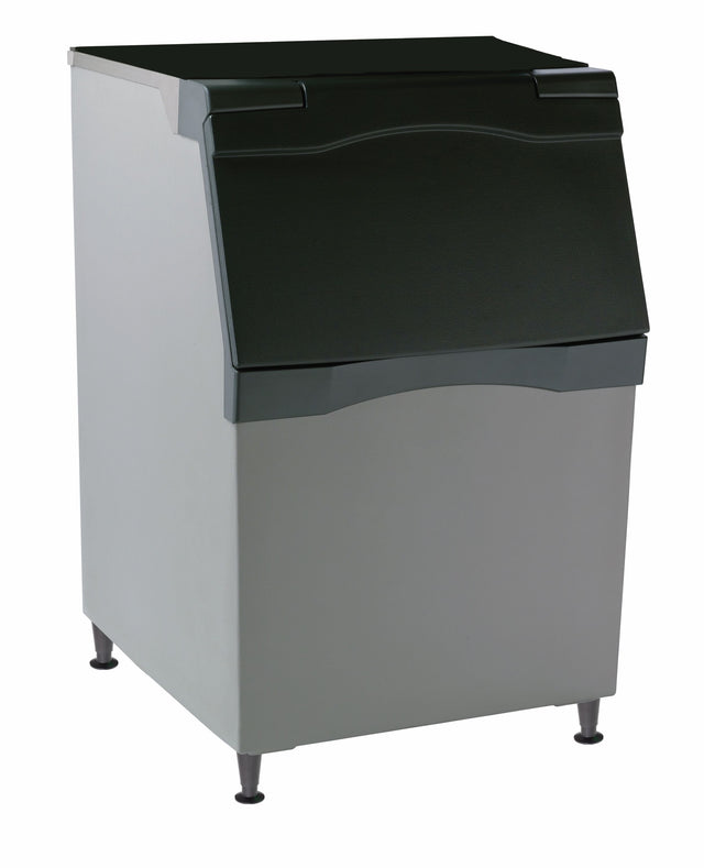 A sleek Ice bin with a stainless steel body, black plastic lid, and four adjustable legs. Featuring a front-opening hatch for easy access, it boasts a 536 lb capacity and pairs perfectly with a top-mounted ice maker for efficient operation.