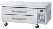 A stainless steel refrigerated chef base with two horizontal drawers, ventilation grates, and a digital display, mounted on four caster wheels for mobility. This sleek, reflective equipment stand is designed for versatile kitchen use.