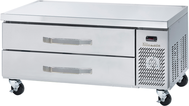 A commercial stainless steel Refrigerated chef base with two pull-out drawers and a vented section on the right, fitted with four caster wheels for mobility. The brand name “Thorin” is visible above the vent.