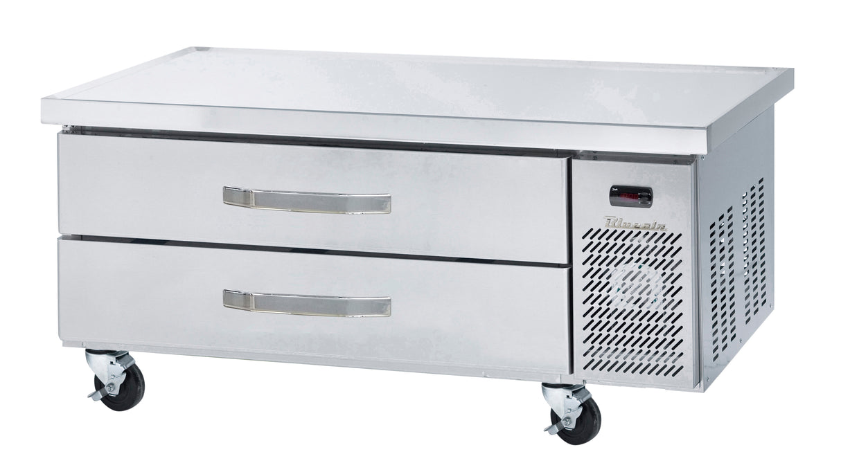 A stainless steel refrigerated chef base with two horizontal drawers, vented panel on the right, sturdy metal handles, and four caster wheels for mobility—perfect as an equipment stand for busy kitchens or restaurant use.