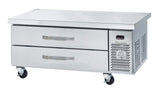 A stainless steel refrigerated chef base with two horizontal drawers, vented panel on the right, sturdy metal handles, and four caster wheels for mobility—perfect as an equipment stand for busy kitchens or restaurant use.