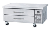 A stainless steel refrigerated chef base with two horizontal drawers, vented panel on the right, sturdy metal handles, and four caster wheels for mobility—perfect as an equipment stand for busy kitchens or restaurant use.