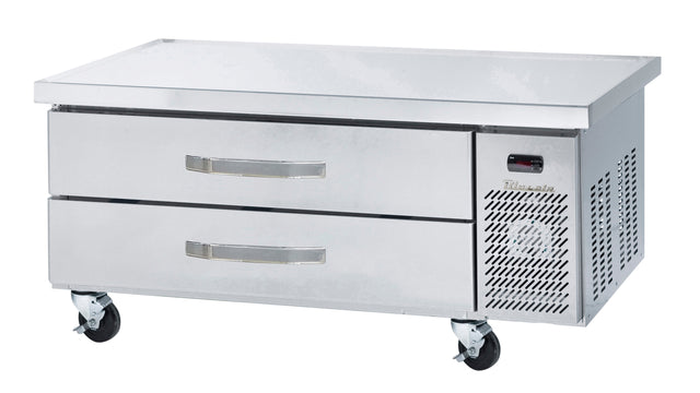 A stainless steel refrigerated chef base with two horizontal drawers, vented panel on the right, sturdy metal handles, and four caster wheels for mobility—perfect as an equipment stand for busy kitchens or restaurant use.