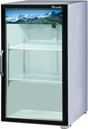 A 7.0 cu. ft. refrigerated merchandiser with a glass door and two wire shelves. The empty, silver fridge features a bright interior and a scenic green landscape with snow-capped mountains on the door, perfect as a countertop display refrigerator.