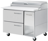 A Blue Air BAPP44-D2-HC refrigerated prep table, this stainless steel unit features two drawers, a door, a closed top lid, and a work surface. Four caster wheels and a vented panel labeled “True” complete this efficient pizza prep table.