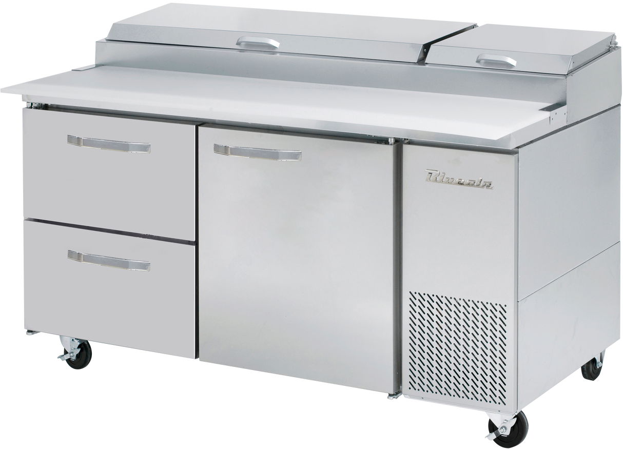 The Blue Air BAPP67-D2L-HC pizza prep table features two drawers on the left, a center door, and a vented refrigeration unit on the right. This refrigerated prep table has a spacious counter, two top-hinged lids, and wheels for easy mobility.