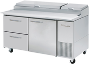 The Blue Air BAPP67-D2L-HC pizza prep table features two drawers on the left, a center door, and a vented refrigeration unit on the right. This refrigerated prep table has a spacious counter, two top-hinged lids, and wheels for easy mobility.