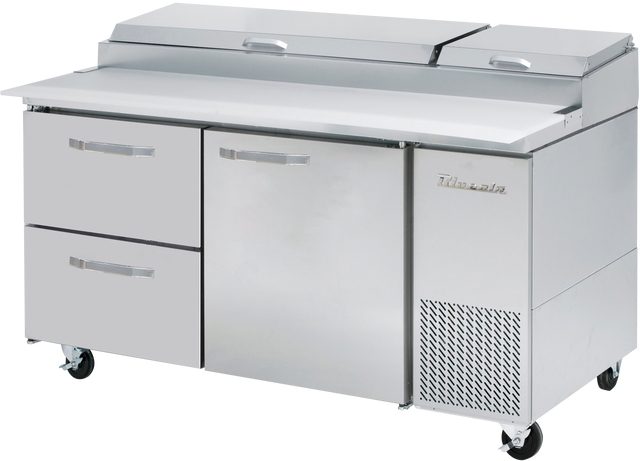 The Blue Air BAPP67-D2L-HC pizza prep table features two drawers on the left, a center door, and a vented refrigeration unit on the right. This refrigerated prep table has a spacious counter, two top-hinged lids, and wheels for easy mobility.
