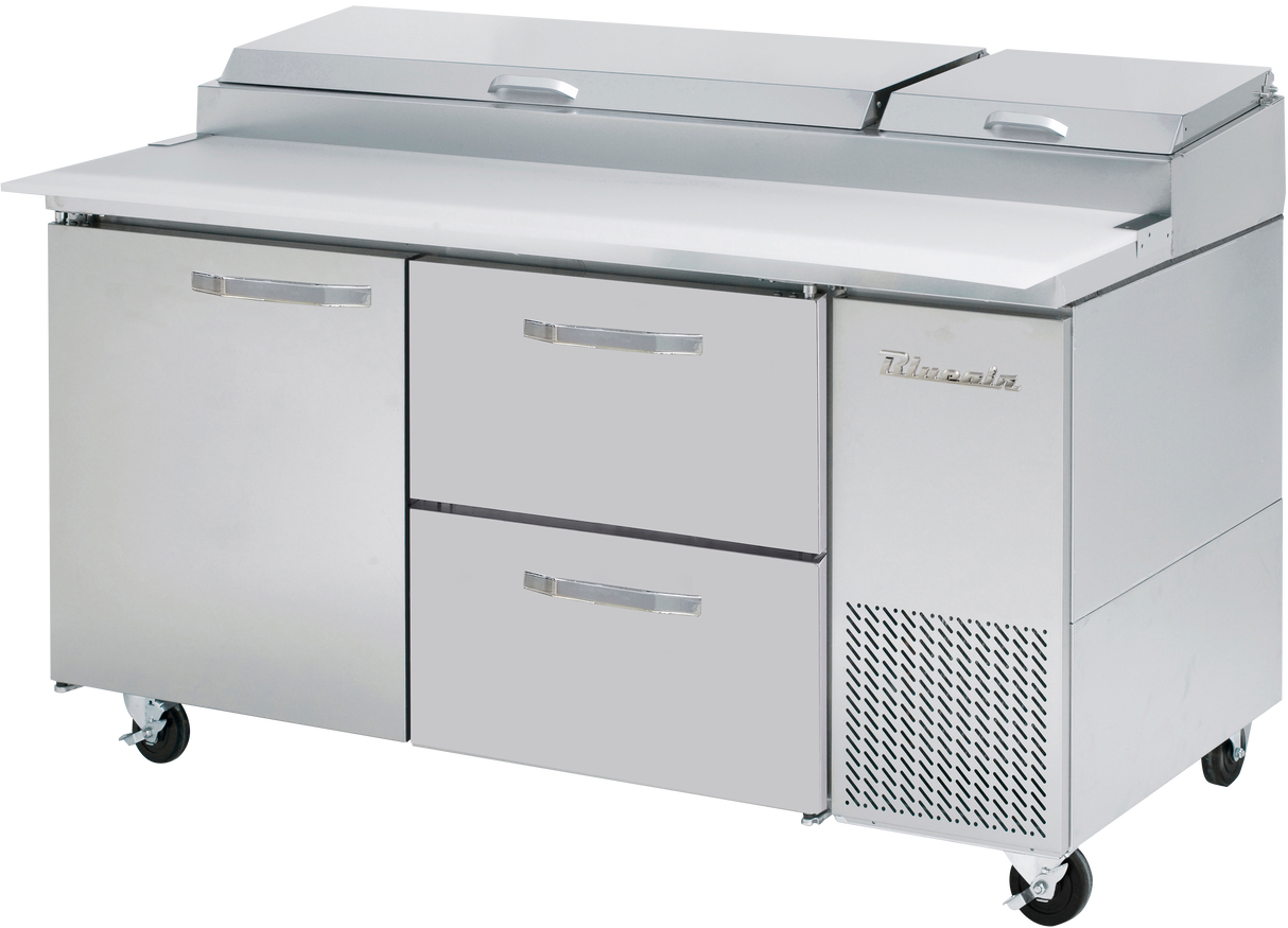 A stainless steel pizza prep table featuring two upper lids, three lower drawers, a cupboard, and right-side ventilation. This refrigerated prep table includes four caster wheels for mobility and a flat workspace on top.