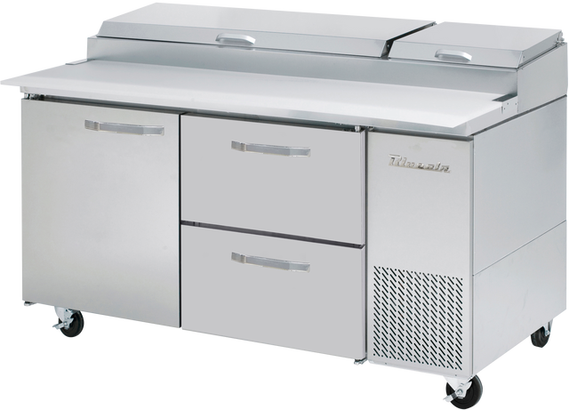 A stainless steel pizza prep table featuring two upper lids, three lower drawers, a cupboard, and right-side ventilation. This refrigerated prep table includes four caster wheels for mobility and a flat workspace on top.