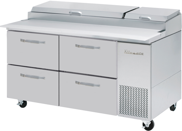 A large stainless steel refrigerated Pizza Prep Table with four drawers, two top compartments with lids, and ventilation grates. This two-section unit has wheels for easy mobility and the “True” brand name on the right side. The surface is clean and flat for food preparation.