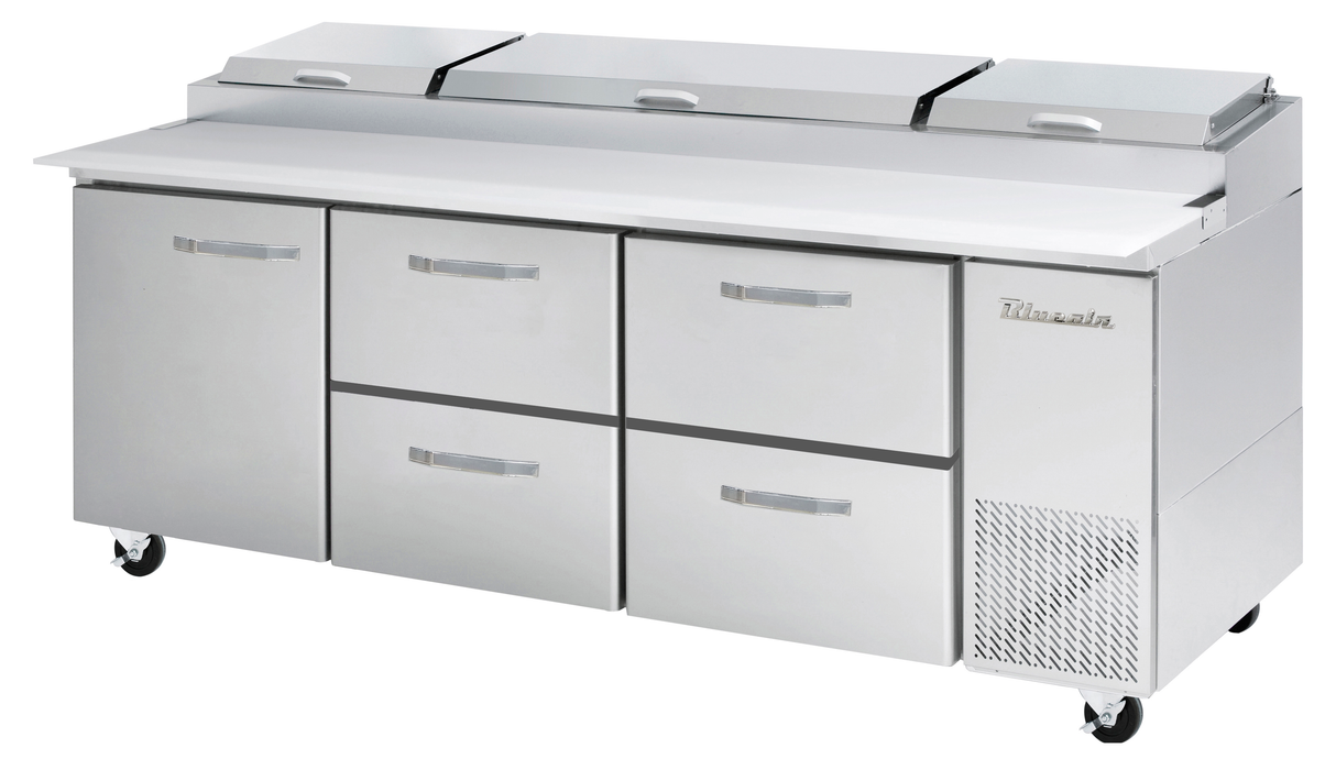 A large stainless steel Pizza Prep Table with four drawers, two compartment doors, and three-section covered top refrigerated storage. The unit is on wheels for mobility, featuring the True brand name on the right side.