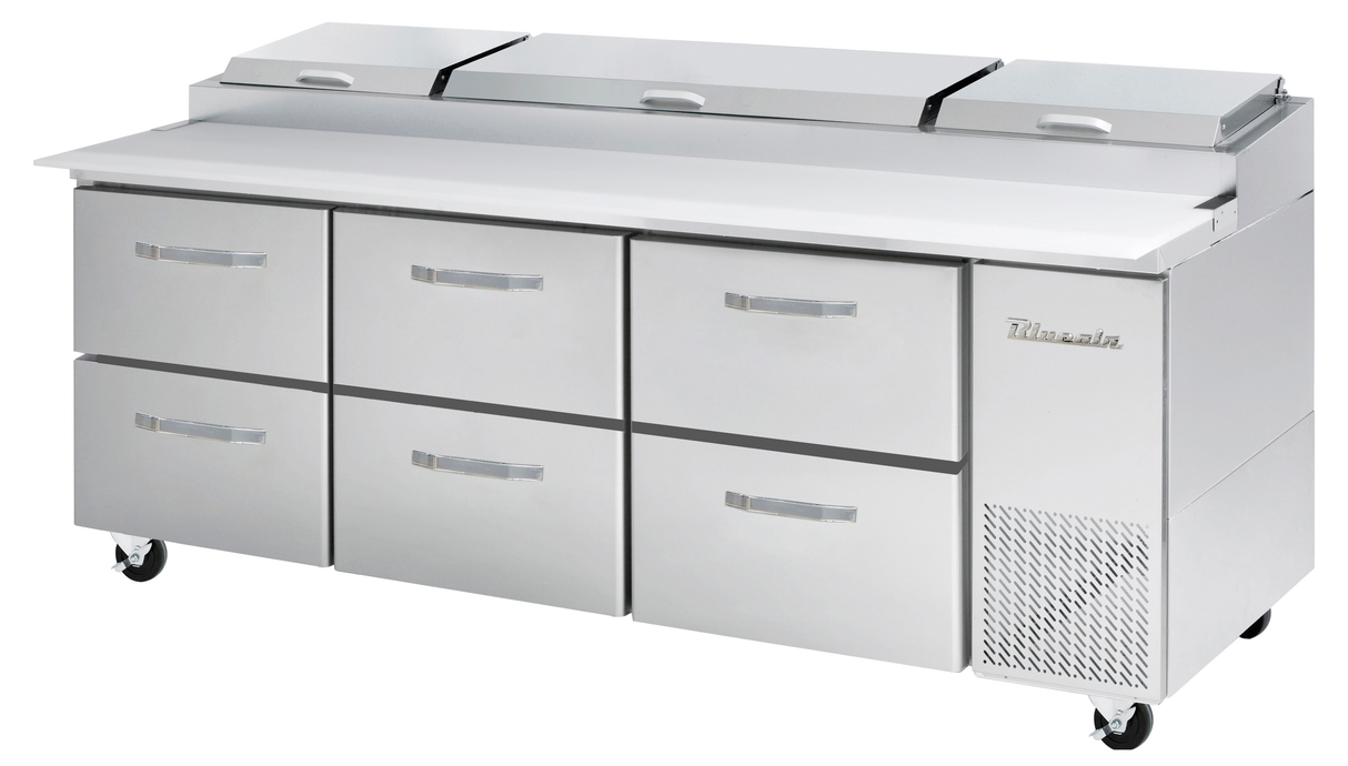 A large stainless steel Pizza Prep Table on wheels with six drawers, a right-side cooling compartment, and three top-opening lids. The surface serves as a prep counter, and the unit features a True brand logo on the right.