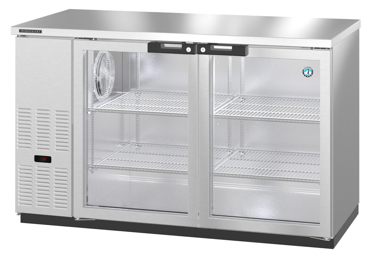 A commercial glass door cooler with two sliding glass doors, interior shelves, a digital temperature display, and a left-side ventilation panel. The brightly lit Hoshizaki BB59-G-S reveals empty wire shelves and an internal fan.