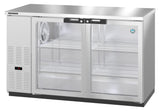 A commercial glass door cooler with two sliding glass doors, interior shelves, a digital temperature display, and a left-side ventilation panel. The brightly lit Hoshizaki BB59-G-S reveals empty wire shelves and an internal fan.
