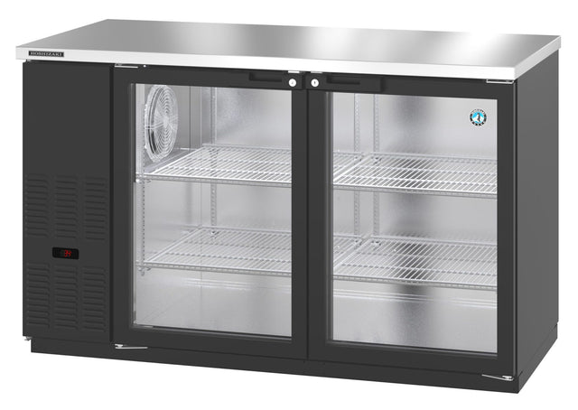 A commercial double-door glass-front refrigerator, like the Hoshizaki BB59-G Refrigerated Back Bar Cooler, features a stainless steel top, black exterior, interior lighting, two wire shelves, a left-side fan, and a digital temperature display on the bottom left.