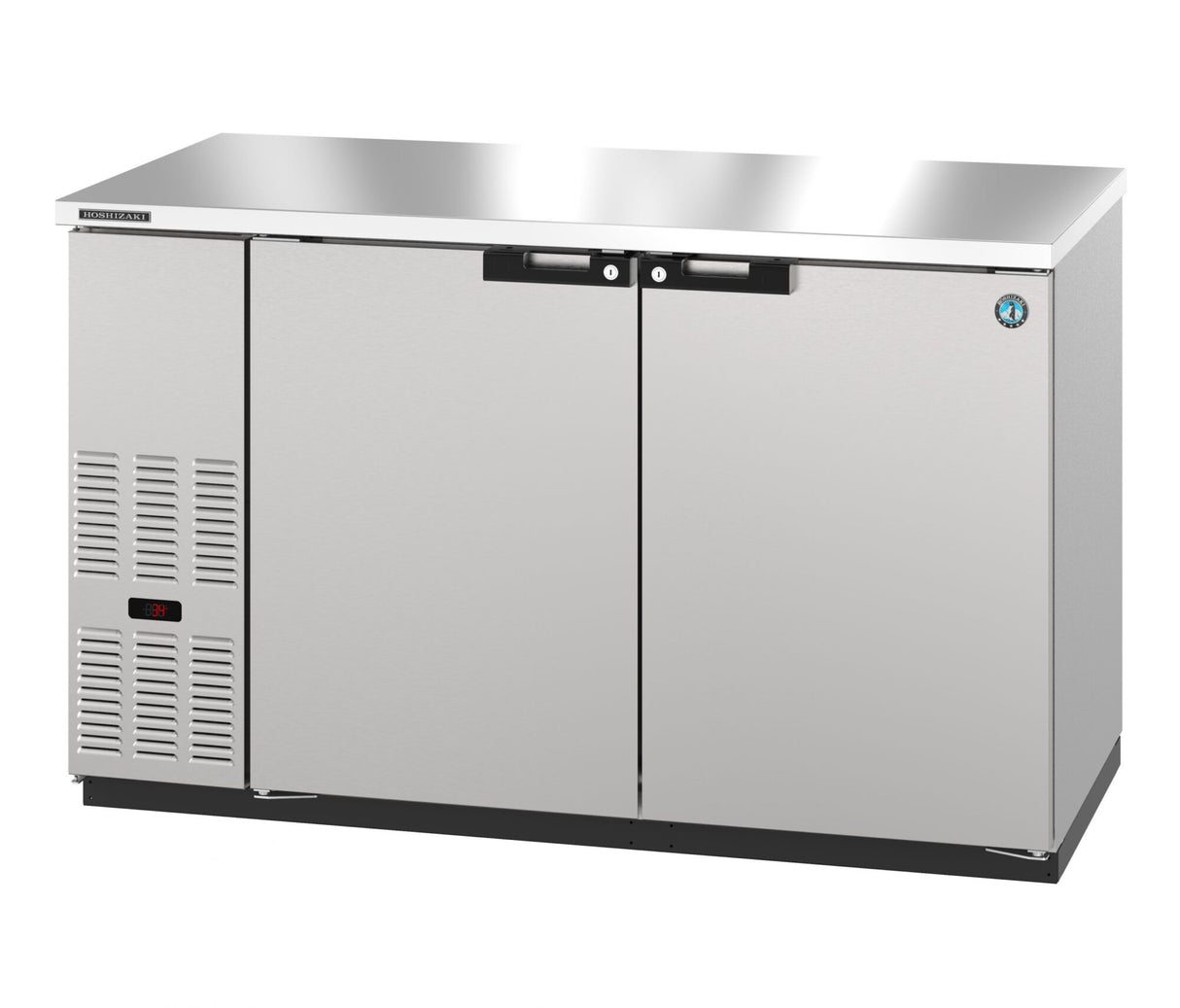 A sleek and industrial Hoshizaki BB59-S stainless steel bar refrigerator with two doors and a digital temperature display on the left. Its flat top and vent slits make this refrigerated back bar cooler both functional and stylish for commercial spaces.