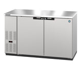 A sleek and industrial Hoshizaki BB59-S stainless steel bar refrigerator with two doors and a digital temperature display on the left. Its flat top and vent slits make this refrigerated back bar cooler both functional and stylish for commercial spaces.