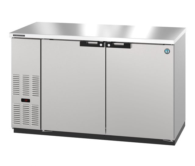 A sleek and industrial Hoshizaki BB59-S stainless steel bar refrigerator with two doors and a digital temperature display on the left. Its flat top and vent slits make this refrigerated back bar cooler both functional and stylish for commercial spaces.