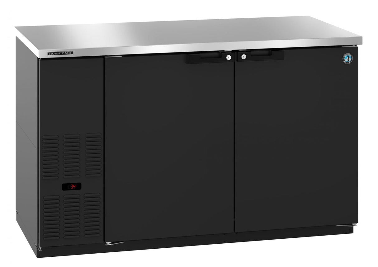 A commercial black Hoshizaki BB59 refrigerated back bar cooler with a stainless steel top. The left side features ventilation grills and a digital display, while the two-section reach-in unit has flat doors with horizontal handles near the top.