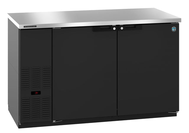 A commercial black Hoshizaki BB59 refrigerated back bar cooler with a stainless steel top. The left side features ventilation grills and a digital display, while the two-section reach-in unit has flat doors with horizontal handles near the top.