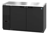 A sleek, modern Hoshizaki BB59 two-section reach-in black undercounter refrigerator with dual doors, stainless steel top, and left-side digital temperature display is set against a plain white background.