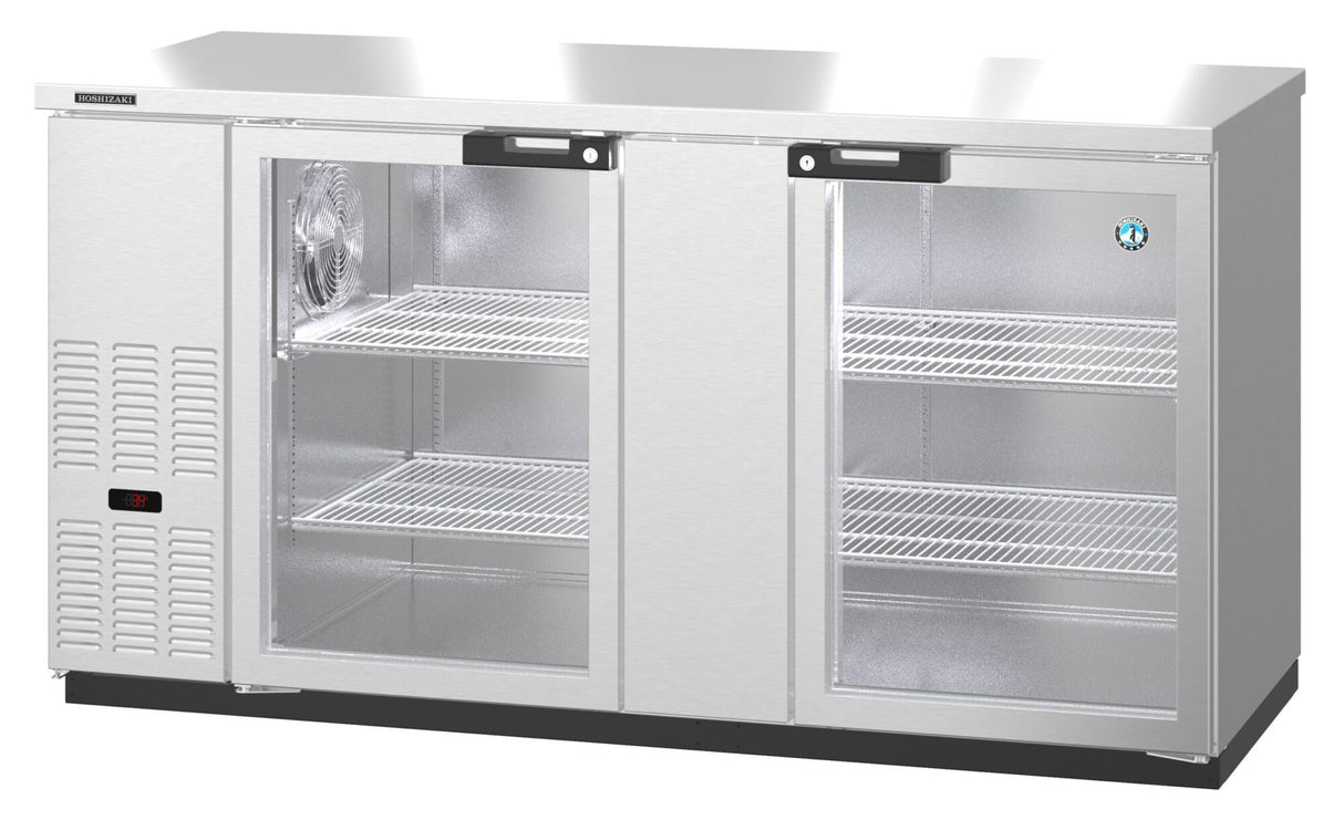 A Hoshizaki BB69-G-S stainless steel back bar cooler with two transparent sliding doors, four wire shelves, a digital temperature display on the left, and an internal cooling fan on the upper left. The interior and shelves are clean and empty.