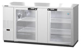 A Hoshizaki BB69-G-S stainless steel back bar cooler with two transparent sliding doors, four wire shelves, a digital temperature display on the left, and an internal cooling fan on the upper left. The interior and shelves are clean and empty.