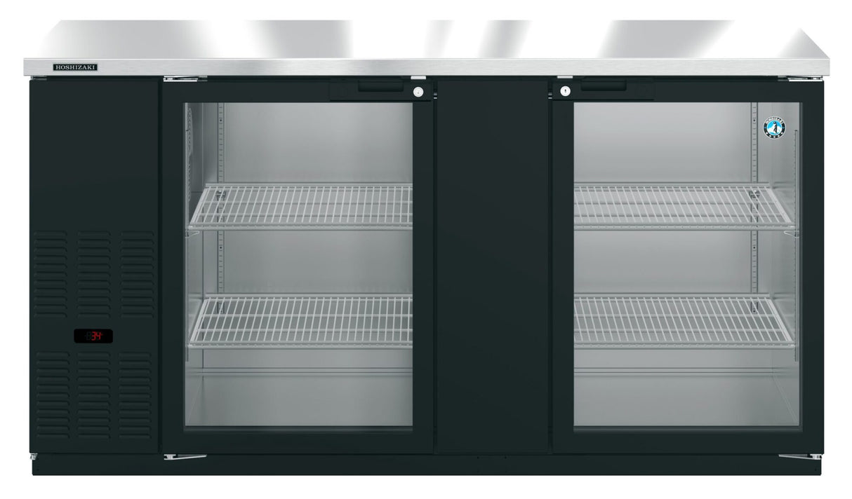Commercial black two-door Hoshizaki BB69-G glass door bar cooler with a stainless steel top. This refrigerated back bar cooler features three wire shelves per section and a digital temperature display on the lower left. Doors are closed; interior is empty.