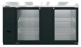 Commercial black two-door Hoshizaki BB69-G glass door bar cooler with a stainless steel top. This refrigerated back bar cooler features three wire shelves per section and a digital temperature display on the lower left. Doors are closed; interior is empty.