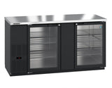 A Hoshizaki BB69-G glass door bar cooler, this commercial under-counter refrigerator features a stainless steel top, two glass doors, wire shelves, and a digital temperature display on the left side—all set against a plain white background.
