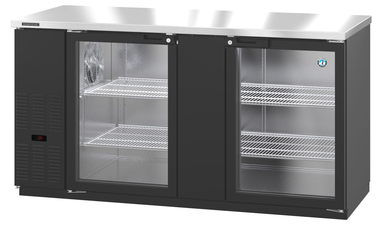 A Hoshizaki BB69-G refrigerated back bar cooler with two glass doors, black exterior, and stainless steel top. The interior features two shelves per side and a digital temperature display on the lower left. The shelves are empty.