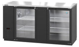 A Hoshizaki BB69-G refrigerated back bar cooler with two glass doors, black exterior, and stainless steel top. The interior features two shelves per side and a digital temperature display on the lower left. The shelves are empty.