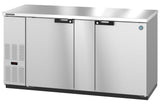 The Hoshizaki BB69-S is a commercial stainless steel undercounter Refrigerated Back Bar Cooler with three doors, a digital temperature display on the left, and a smooth, flat countertop—ideal for any professional kitchen.