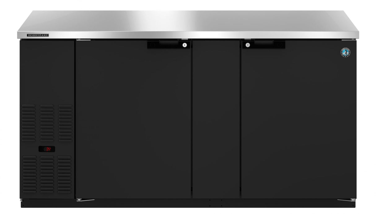 A sleek Hoshizaki BB69 Refrigerated Back Bar Cooler, this commercial black two-door unit features a stainless steel top, left-side black vented panel, digital temperature display, two handles, and solid doors with a blue circular logo on the upper right corner.