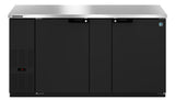 A sleek Hoshizaki BB69 Refrigerated Back Bar Cooler, this commercial black two-door unit features a stainless steel top, left-side black vented panel, digital temperature display, two handles, and solid doors with a blue circular logo on the upper right corner.