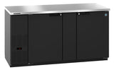 A commercial Hoshizaki BB69 black under-counter Refrigerated Back Bar Cooler with two doors and a stainless steel top. The left side has a vent and small digital display, while the right door features a circular blue sticker. The design is modern and sleek.