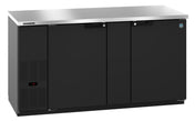 A commercial Hoshizaki BB69 black under-counter Refrigerated Back Bar Cooler with two doors and a stainless steel top. The left side has a vent and small digital display, while the right door features a circular blue sticker. The design is modern and sleek.