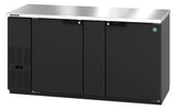 The Hoshizaki BB69 is a commercial black double-door Refrigerated Back Bar Cooler with a stainless steel top, digital temperature display on the lower left, solid doors, ventilation panel, and a blue energy certification label on the right side.